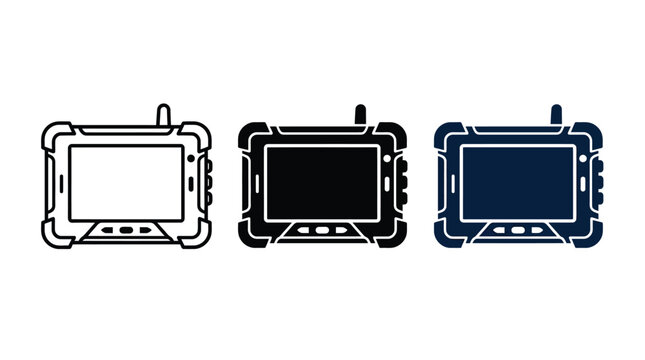 Three variations of a rugged industrial tablet computer icon set featuring linear outline and solid black styles for professional digital interface design and web application development