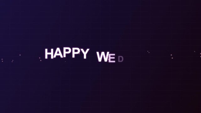 Happy Wedding text animation with sparkling particles on a dark background.