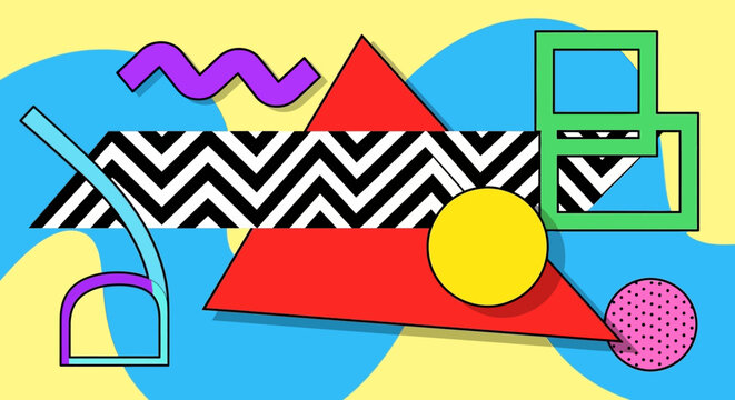 Retro Memphis Design Elements On Abstract Yellow Blue Background