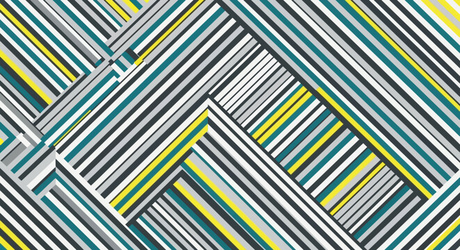 Geometric Abstract Stripes Pattern - Teal, Yellow, Grey