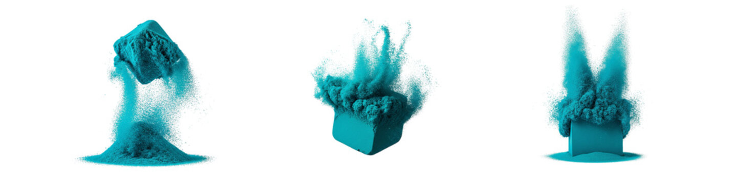 Cyan color powder exploding around square cubes isolated on black background