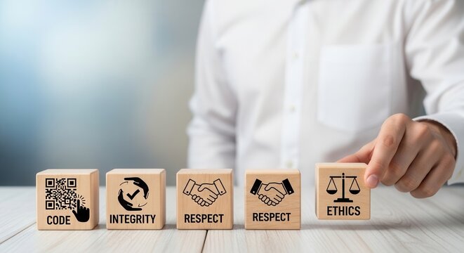 Business ethics concepts with wooden blocks showing integrity respect code and ethics symbols in office setting