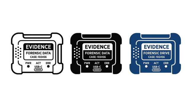 Three digital forensic evidence drive icons displayed in outline solid black and blue styles for investigative data storage and cyber crime scene analysis reporting tasks