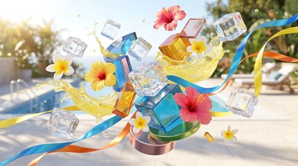 Fototapeta premium An energetic visual featuring colorful liquid splashes, vibrant tropical flowers, and refreshing ice cubes, creating a dynamic sense of summer, luxury, and freshness, ideal for fragrance or beverage