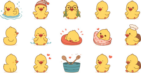 Fototapeta premium Cute Kawaii Baby Duck Sticker Set with Adorable Expressions Including Swimming, Sleeping, Cooking, and Love for Kids Designs
