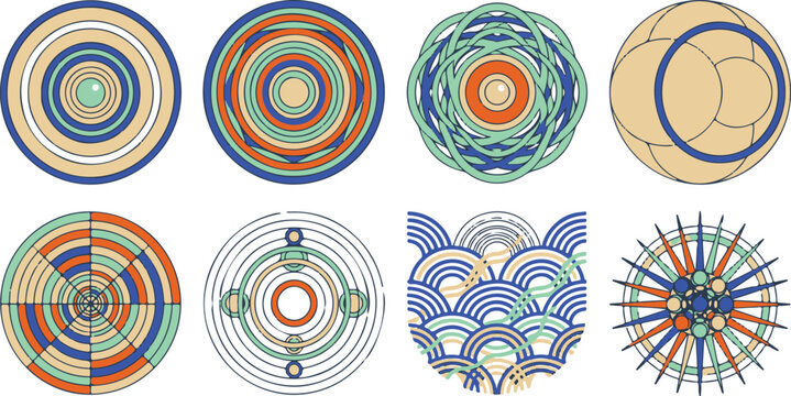Neo-geometric solar eclipse icon set with overlapping circles and rings in Y2K style