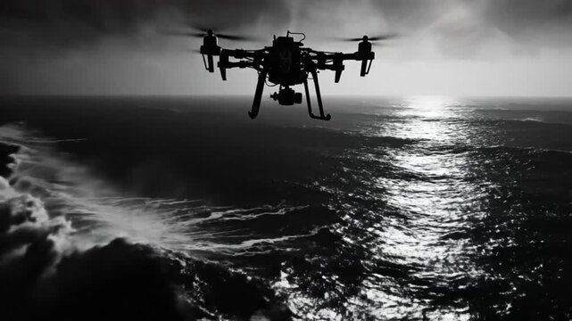 Drone flies over stormy ocean at dusk with sunlight reflecting on the dark waves creating a dramatic scene