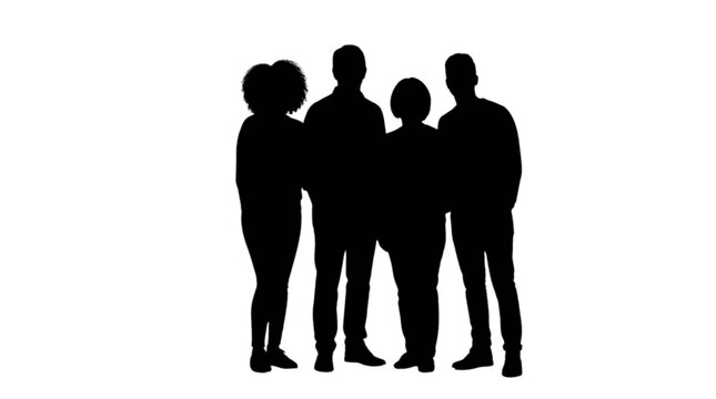 Group of four people standing together as a silhouette isolated on transparent background, Vector