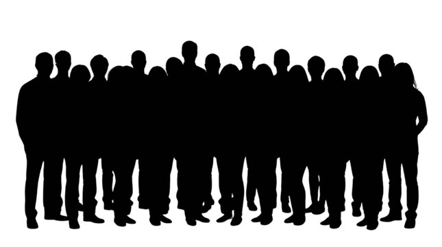 Large group of people standing together in silhouette isolated on transparent background, Vector