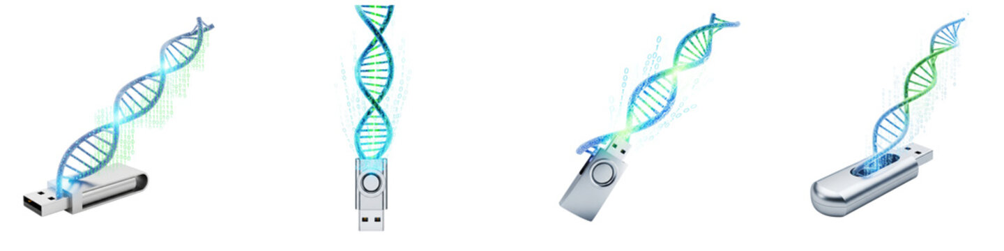 Digital DNA double helix structures emerging from USB flash drives