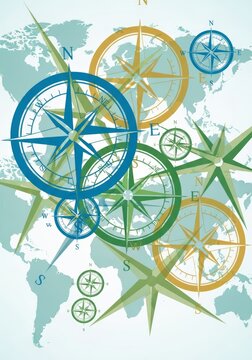 Compass rose illustration over world map. Navigational tool icon for geography and travel concept. Directional element for globe exploration, cartography, navigation and trip planning.