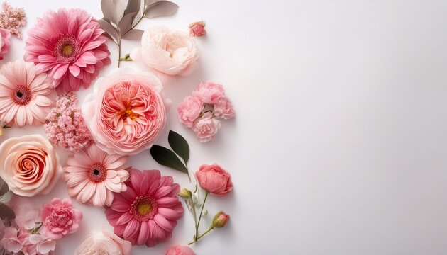 Perfetto Sfondo Bianco Di Vari Fiori Freschi Nelle Sfumature Del Rosa