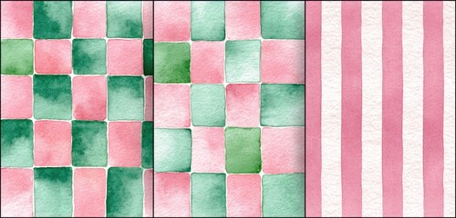 Fototapeta premium Watercolor textures pink, green checkered & striped patterns, painted style
