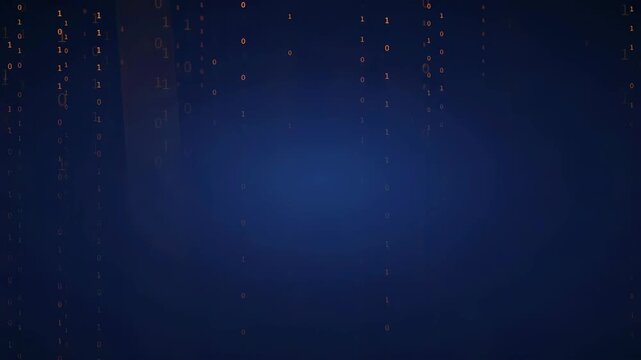 Abstract Digital Binary Code Rain Falling Over Dark Blue Gradient Technology Background