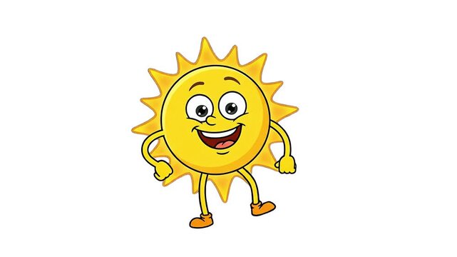 A clean 2D flat vector cartoon animation of a smiling yellow sun character mascot dancing happily, isolated against a solid white background. Excellent minimalist asset for whiteboard videos, mobile a