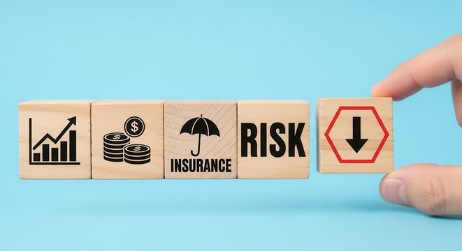 Business risk reduction concept using wooden blocks with financial growth and insurance icons