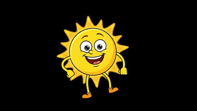 A happy 2D vector animated sun character with big eyes and a smile dances dynamically against a solid black background. Ideal for children's music videos, educational content, and festive summer loops
