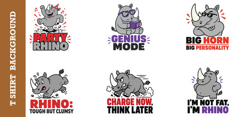 Cartoon rhino character set with funny slogans for apparel design mascot sticker collection. © jubayer95