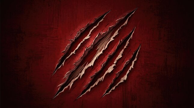 Dramatic claw marks tearing through a red textured surface dark silhouette effect