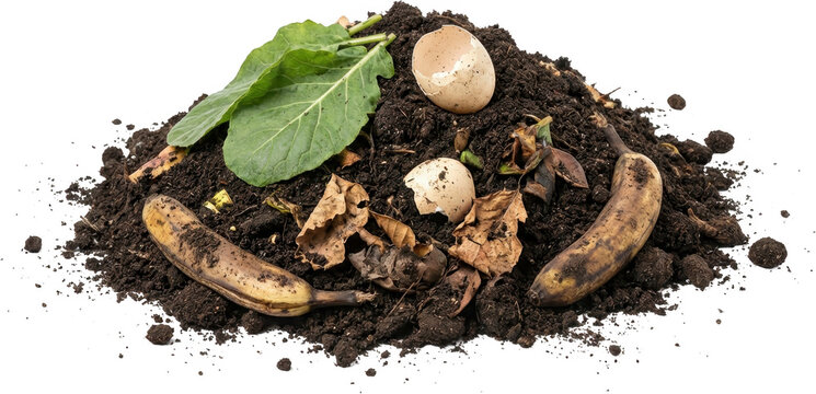 Pile of rich organic soil containing decomposing banana peels crushed eggshells wilted leaves and fresh green kale for composting decomposition garden waste dirt earth nutrient
