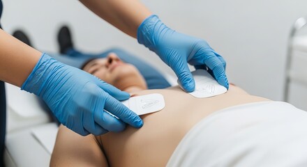 Obraz premium Nurse applying defibrillator pads onto woman patient chest. Emergency medical procedure for heart resuscitation in hospital. Preparation for electrical heart rhythm shock by healthcare professional