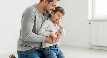 Fototapeta premium Man comforting sick child coughing at home. Dad caring for little boy feeling unhealthy with stomach ache and nausea. Healthcare support and parental love in family life concept