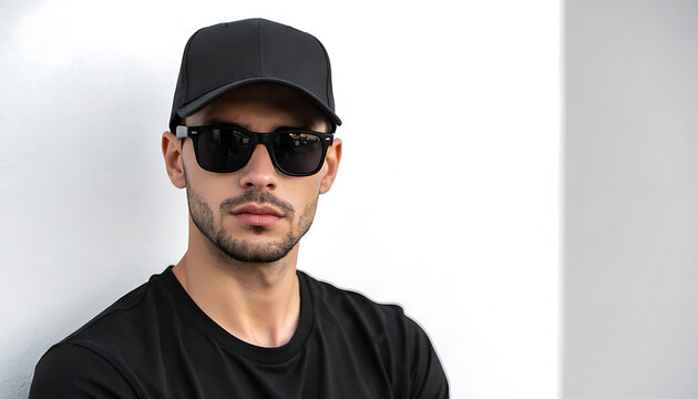 Man wearing sunglasses and a black baseball cap, urban style, confident gaze, modern fashion accessory, headshot