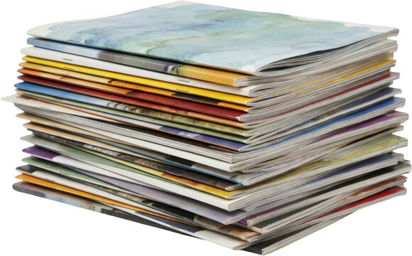 A thick pile of assorted magazines with colorful covers is stacked against a clean backdrop publication reading literature information news media education research collection