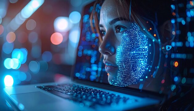 Abstract digital face with glowing blue data streams.