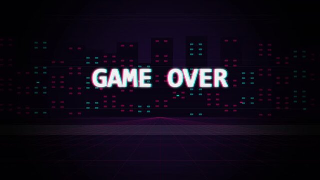 Game over glitch text animation on a dark pixelated screen