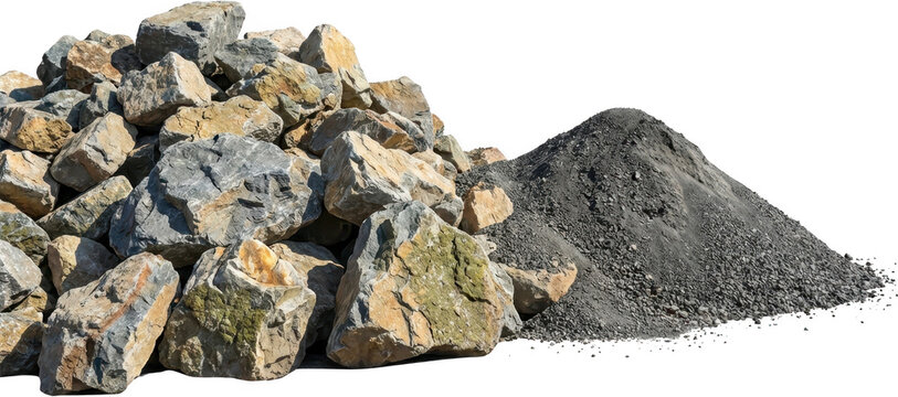 A large pile of rough angular rocks and gravel composed of various gray tan and yellowish green stones and fine aggregate material showcasing natural earth tones and rough textures