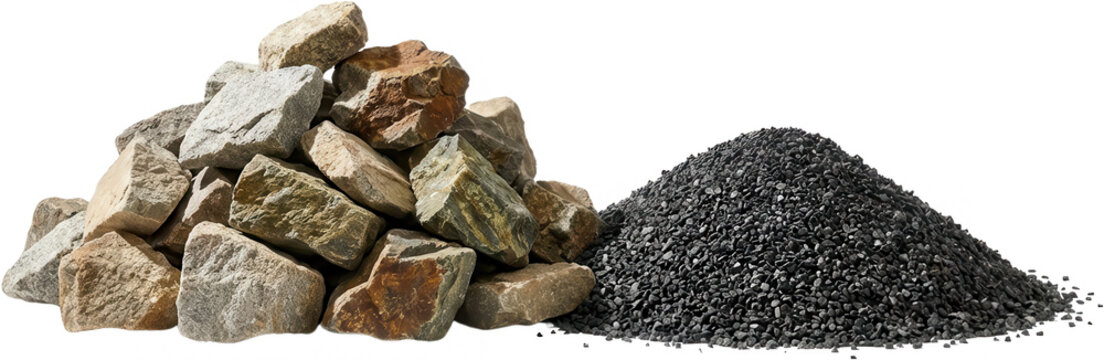 Pile of rough stone rocks and a heap of small black gravel representing geological materials and construction elements mineral aggregate earth geology natural coarse fine