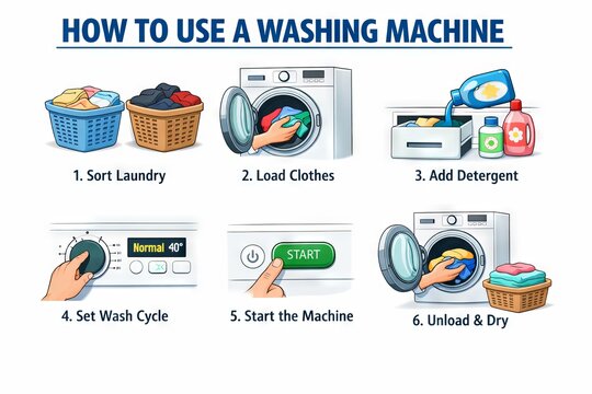 Washing machine guide showing six steps for cleaning clothes. Educational illustration with instructions for laundry process and household chores. Simple infographic for domestic appliance