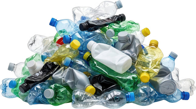 A large crumpled pile of assorted plastic beverage bottles in various colors including blue green clear white and yellow ready for recycling plastic bottles waste garbage
