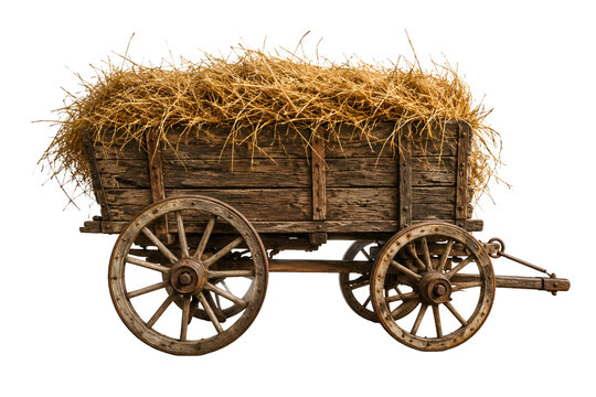 Old wooden farm cart filled with hay isolated on transparent background