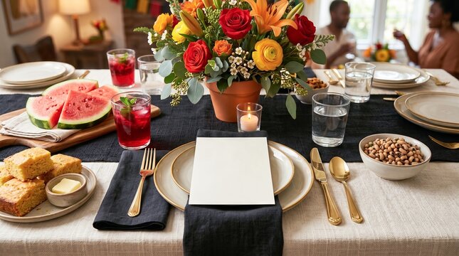 Blank menu card on dinner table set for Juneteenth celebration. Traditional food like watermelon, cornbread, and black eyed peas on festive setting. Community and family gathering concept