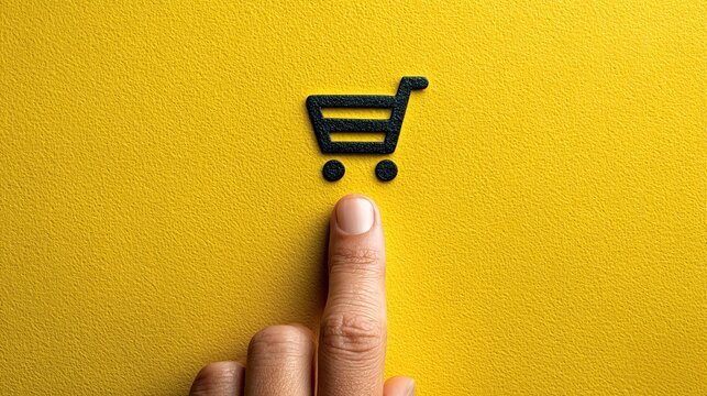 Shopping cart icon touched by pointing finger on yellow background, e-commerce concept, online purchase gesture, minimal modern design, clear digital interaction
