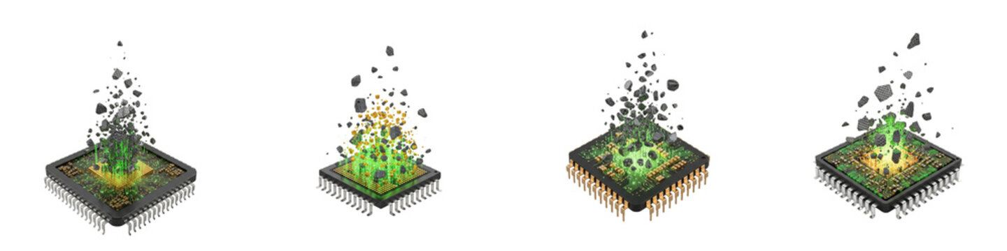 Exploding electronic computer processor chips on black background