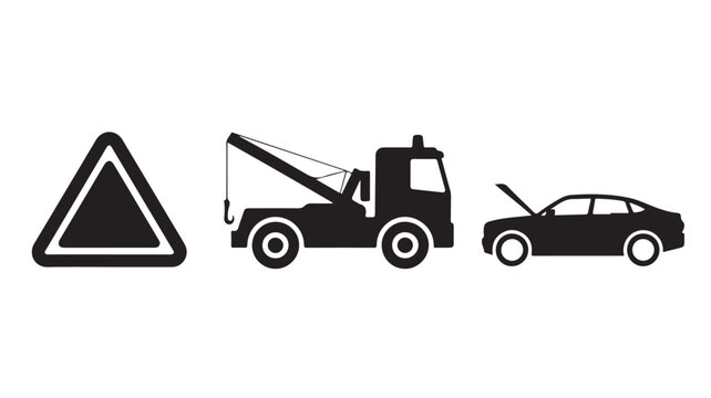 Tow truck towing broken down car with warning sign for vehicle rescue concepts