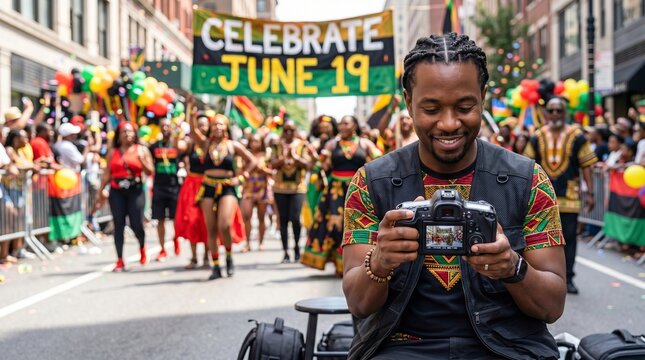 African American man photographer capturing parade during Juneteenth celebration. Professional cameraman working at street festival. Cultural heritage, community unity and joy concept
