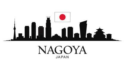 Obraz premium Vector illustration of Nagoya skyline in black silhouette, with “NAGOYA” text, on white background, modern city identity and tourism design