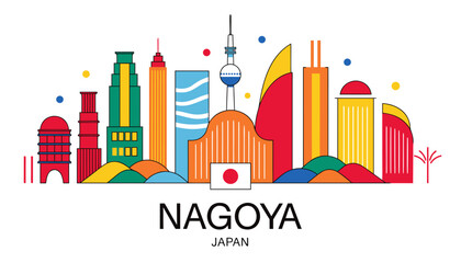 Fototapeta premium Vector illustration of Nagoya skyline in colorful silhouette, with “NAGOYA” text, on white background, modern city identity and tourism design