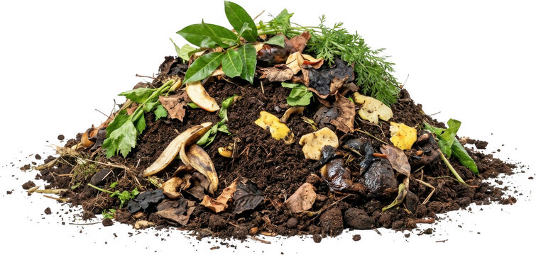 A pile of composted organic matter featuring decaying leaves banana peels vegetable scraps and green plant sprouts composting organic waste soil gardening sustainable
