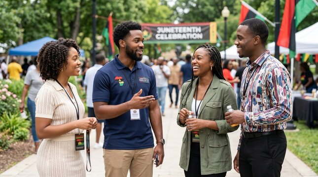 Group of African American people chatting at a Juneteenth celebration in a park. Friends talking and laughing during a freedom day event. Community social gathering, unity and culture