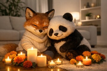 Fototapeta premium Cute fox and panda plush toys cuddling surrounded by lit candles and marigold flowers in cozy room. concept of warmth, friendship, cozy home decor, animal-themed interior design