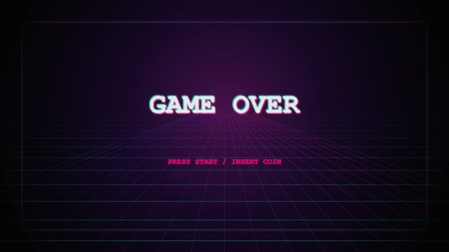 Game over glitch text animation on retro neon synthwave grid background