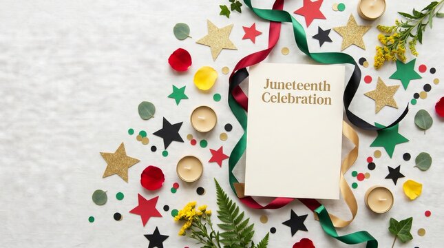 Juneteenth celebration invitation card with festive flat lay stars ribbon and candle decoration. Emancipation day background for holiday greeting card and freedom anniversary event party