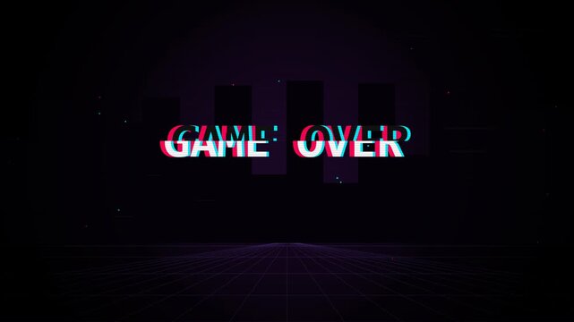 Retro game over glitch animation with digital distortion