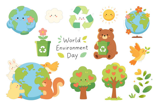 Cute World Environment Day Cartoon Illustration Set with Earth Recycling Nature Animals and Eco Elements