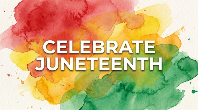 Celebrate Juneteenth text on artistic watercolor background. Vibrant red, yellow and green paint stains for freedom holiday greeting card. Symbolic African American cultural heritage design